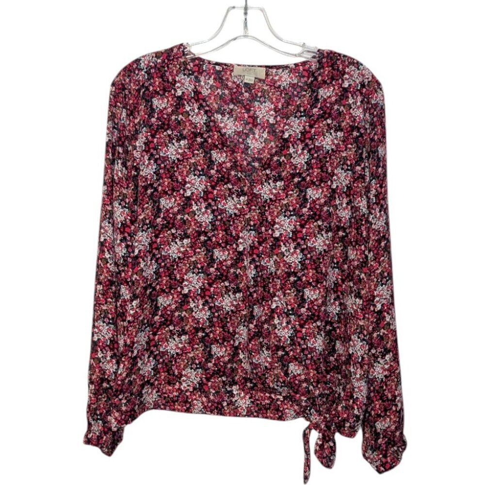 LOFT Outlet Pink/Red Floral long Sleeve Faux Wrap Blouse SZ M